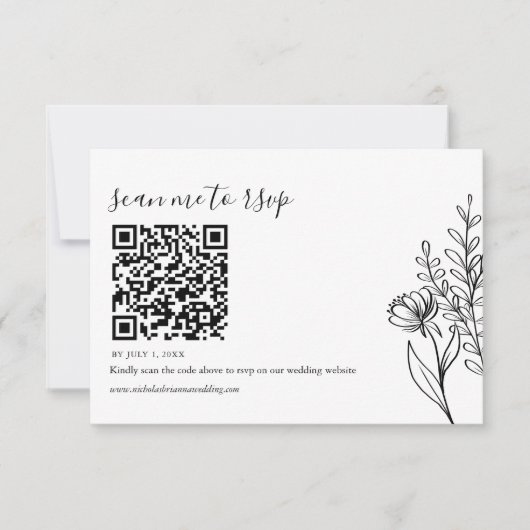 Moderne minimalistische zwarte witbruiloft QR-code RSVP Kaartje (Voorkant)