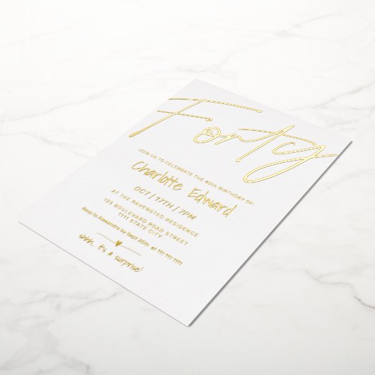 Moderne, minimalistische zwarte witte foto verrass folie uitnodiging (Gedraaid)