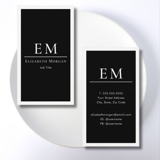 Moderne Minimalistische Zwarte Witte Monogram Vert Visitekaartje