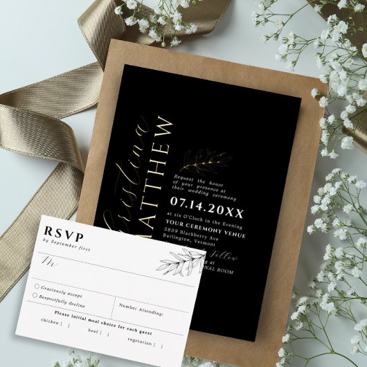 Moderne Minimalistische Zwarte Witte Trouwdag Goud Folie Uitnodiging