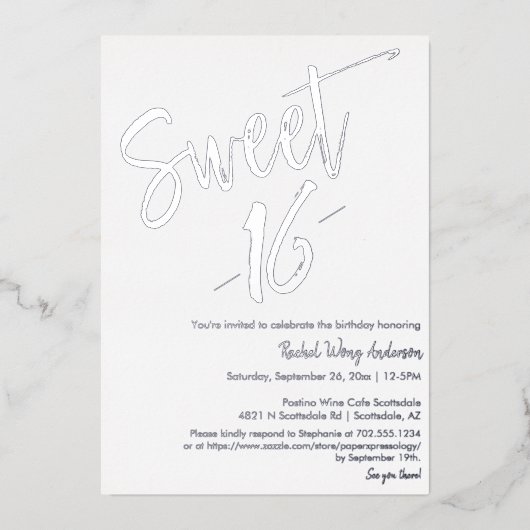 Moderne minimalistische zweet 16de verjaardag van folie uitnodiging (Voorkant)