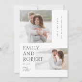 Moderne minimilast zwart-wit 2 foto bruiloft save the date (Voorkant)