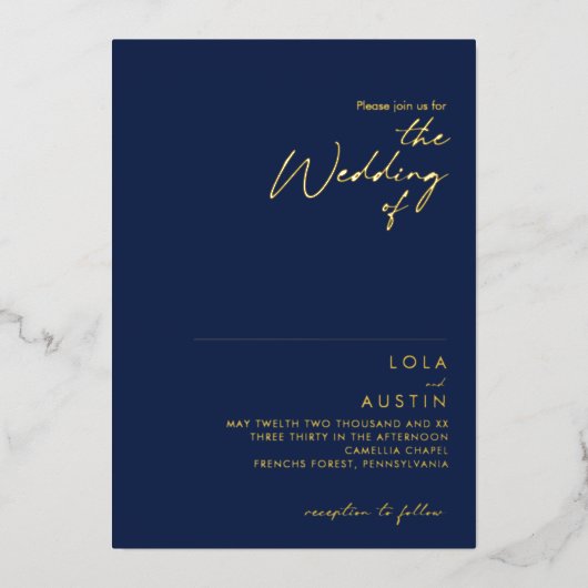 Moderne minimummarine en gouden bruidsschat de bru folie uitnodiging (Voorkant)