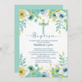 Moderne Mint Bloemen Doopsel Uitnodiging (Voorkant / Achterkant)