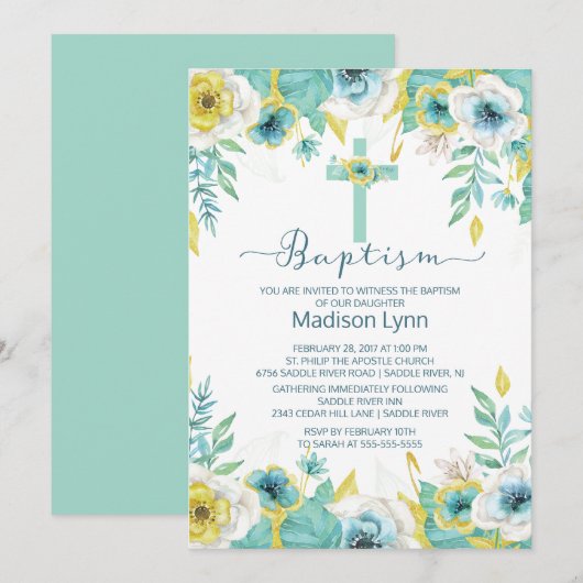 Moderne Mint Bloemen Doopsel Uitnodiging (Voorkant / Achterkant)