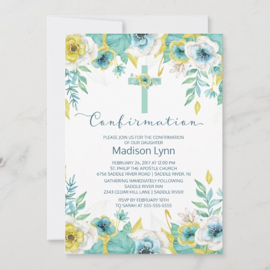 Moderne Mint Bloemen Kruis bevestiging Uitnodiging (Voorkant)