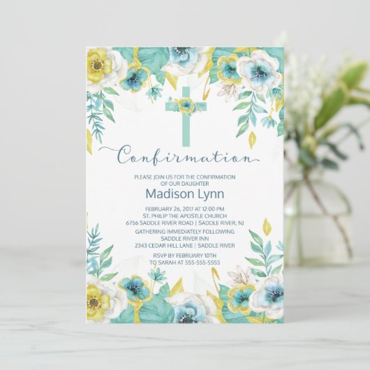 Moderne Mint Bloemen Kruis bevestiging Uitnodiging (Staand voorkant)