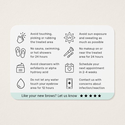 Moderne Mint Blue Eyebrow Tint Aftercare Kaart (Achterkant)