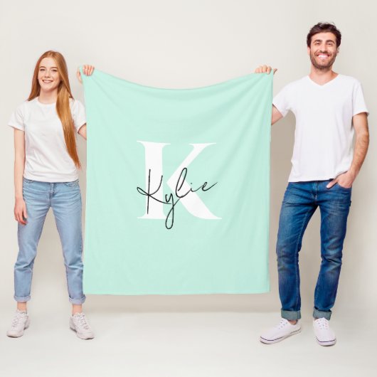 Moderne Mint Cream Gepersonaliseerde Monogram Naam Fleece Deken (In situ)