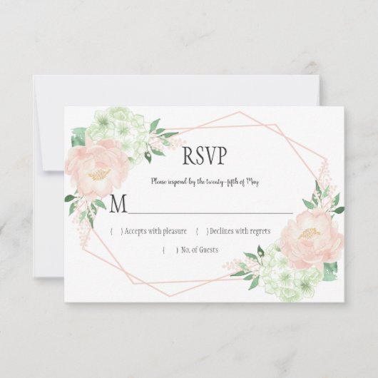 Moderne Mint en Blush Bloemen Geometrische RSVP Kaartje (Voorkant)