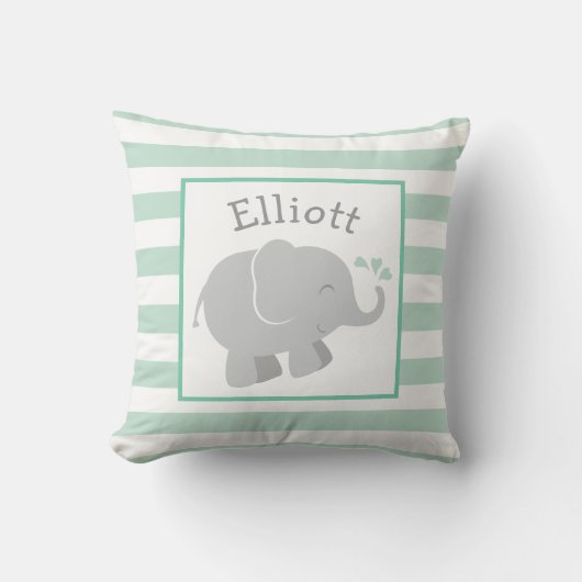 Moderne Mint en Grijze Olifant Monogram Kussen (Voorkant)