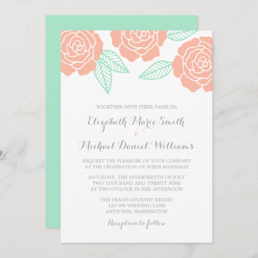 Moderne Mint en Peach Roos Wedding Invitations Kaart (Voorkant / Achterkant)