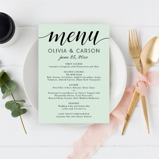 Moderne Mint en Zwarte Script Bruiloft Menu