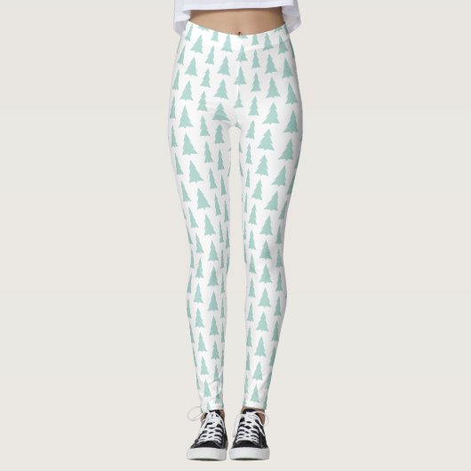 Moderne Mint Green Trees op wit geometrisch patroo Leggings (Voorkant)