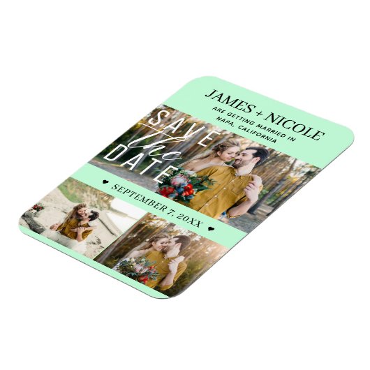 Moderne Mint Groen Bewaar de datum Bruiloft 3 Foto Magneet (Linkerzijde)