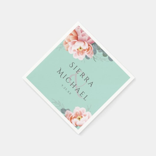 Moderne Mint Groen Blush Roze Bloemen Bruiloft Servet (Hoek)