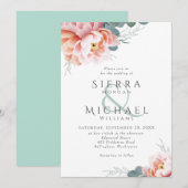 Moderne Mint Groene Bloemen Blush Roze Peach Bruil Kaart (Voorkant / Achterkant)