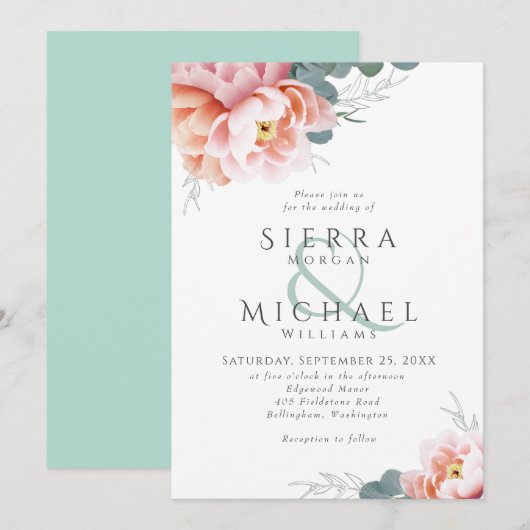 Moderne Mint Groene Bloemen Blush Roze Peach Bruil Kaart (Voorkant / Achterkant)