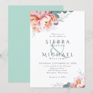 Moderne Mint Groene Bloemen Blush Roze Peach Bruil Kaart