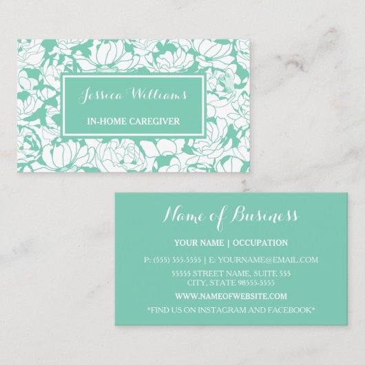 Moderne Mint Groene Bloemen Girly Verpleegkundige Visitekaartje (Voorkant / Achterkant)