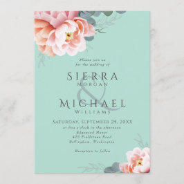 Moderne Mint Groene Blush Roze Peach Bloemenbruilo Kaart