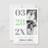 Moderne mint groene, grijze typografie met twee fo save the date (Voorkant)