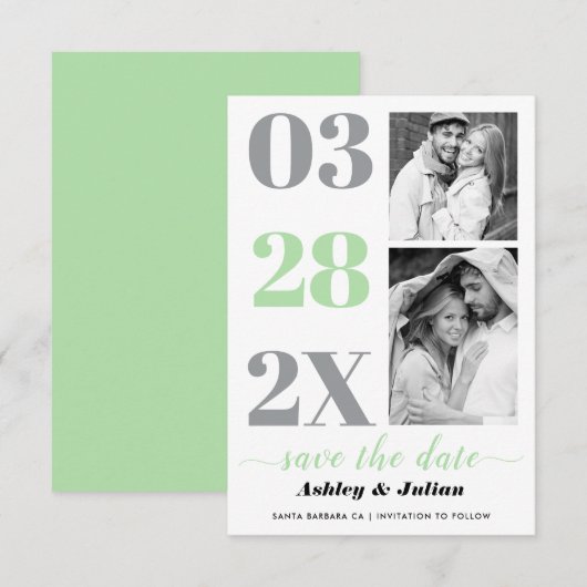 Moderne mint groene, grijze typografie met twee fo save the date (Voorkant / Achterkant)