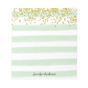 Moderne Mint Groene Streep Gouden Confetti Persona Notitieblok