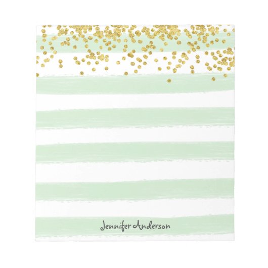 Moderne Mint Groene Streep Gouden Confetti Persona Notitieblok (Voorkant)
