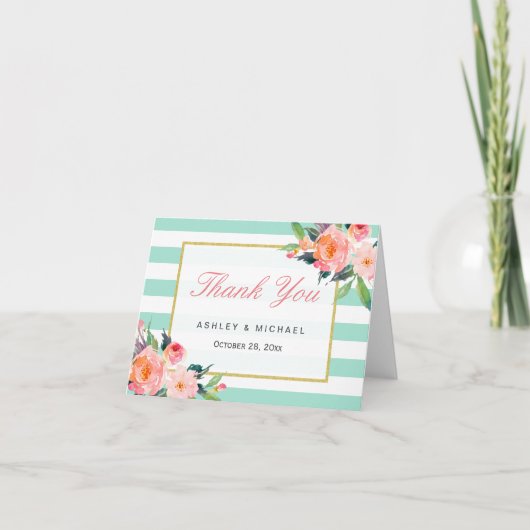 Moderne Mint Groene Strepen Elegante Bloemen Dank Bedankkaart (Voorkant)