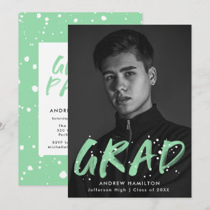 Moderne Mint Paint Splatter Foto Graduation Party Kaart