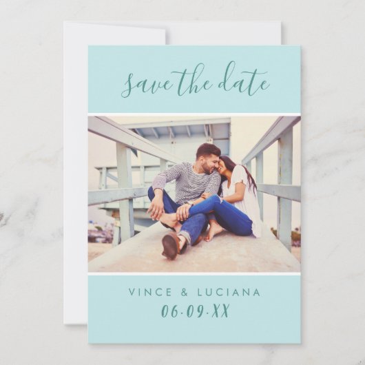 Moderne Mint Script Foto Bruiloft Save The Date (Voorkant)