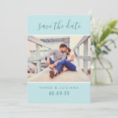 Moderne Mint Script Foto Bruiloft Save The Date (Staand voorkant)