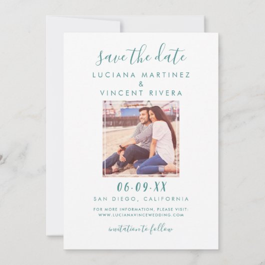 Moderne Mint Script Foto Bruiloft Save The Date (Achterkant)