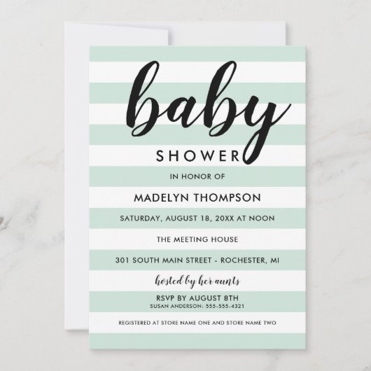 Moderne Mint Streep Script Baby Shower Kaart (Voorkant)