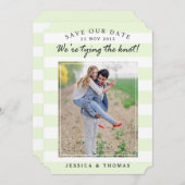 Moderne mint & witte strepen | De foto bewaart de  Save The Date (Voorkant / Achterkant)