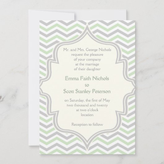 Moderne mintgroene, grijze chevron zigzag bruiloft kaart (Voorkant)