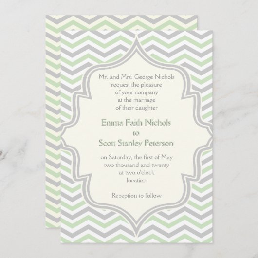 Moderne mintgroene, grijze chevron zigzag bruiloft kaart (Voorkant / Achterkant)