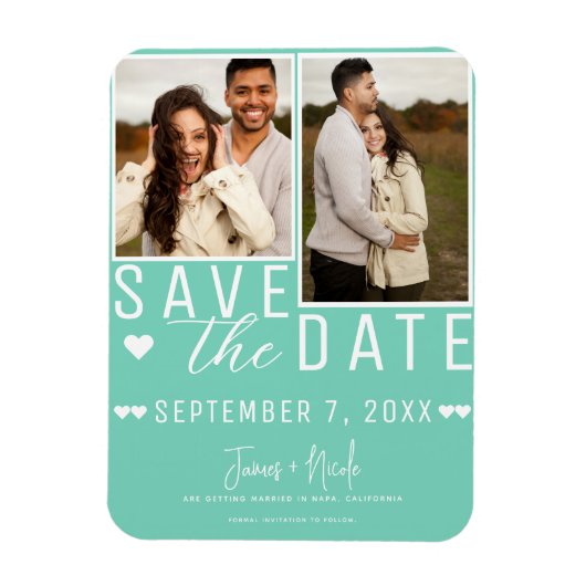 Moderne Mintgroene Save the Date 2 Foto Bruiloft Magneet (Verticaal)