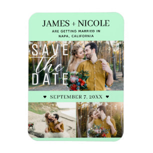Moderne Mintgroene Save the Date Trouw 3 Foto's Magneet