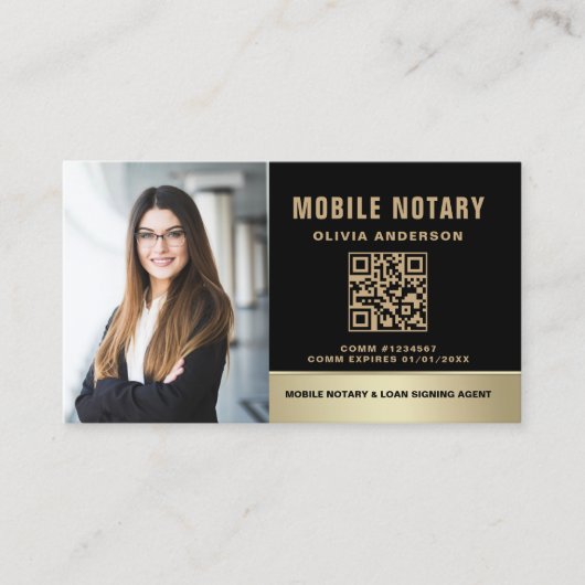 Moderne Mobiele Notaris Foto QR Code Zwart Goud Visitekaartje (Voorkant)