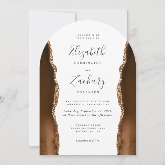 Moderne Mocha Bruin Gouden Agaat Boog Vorm Huwelij Kaart (Voorkant)