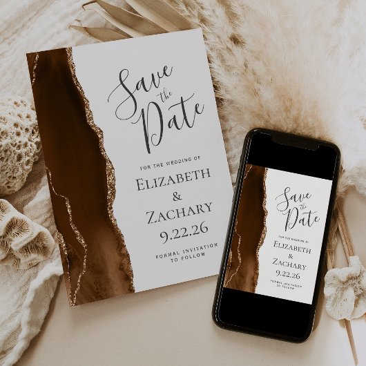 Moderne Mocha Bruine Gouden Agaat Bewaar de Datum Save The Date