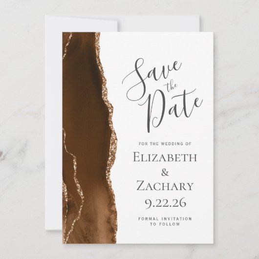 Moderne Mocha Bruine Gouden Agaat Bewaar de Datum Save The Date (Voorkant)