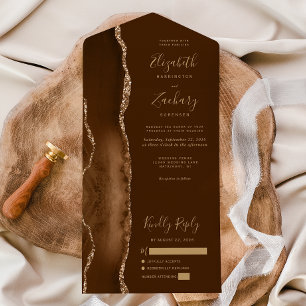 Moderne Mocha Bruine Gouden Agate Huwelijk All In One Uitnodiging