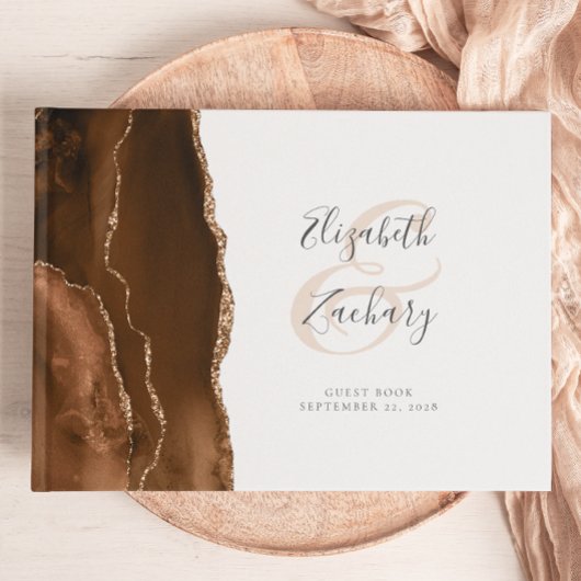 Moderne Mocha Bruine Gouden Agate Script Gastenboek