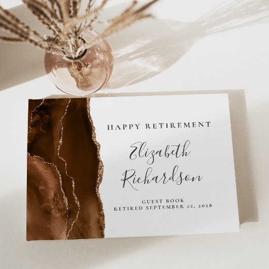 Moderne Mocha Bruine Gouden Agate Script Pensioen Gastenboek