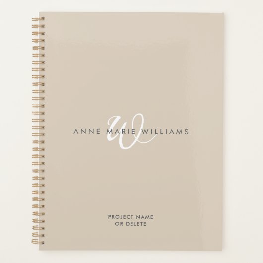 Moderne Mocha Bruine Witte Script Monogram Planner (Voorkant)