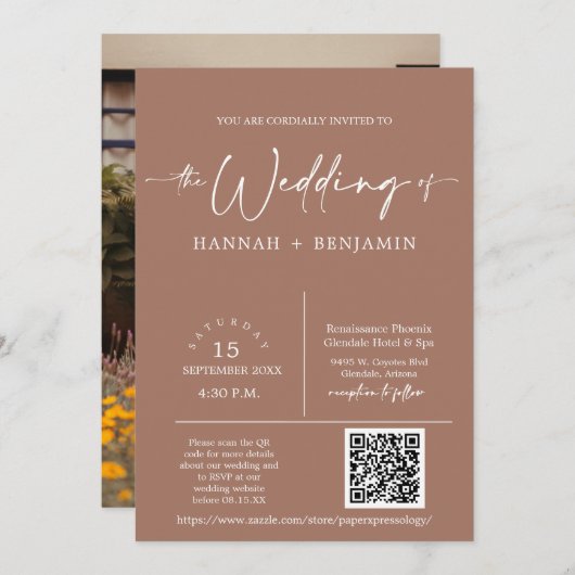 Moderne Mocha Mousse Boho Arch QR Code Foto Kaart (Voorkant / Achterkant)