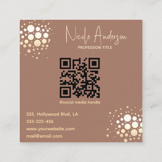 Moderne Mocha Mousse luxe gouden confetti QR code Vierkante Visitekaartje (Achterkant)
